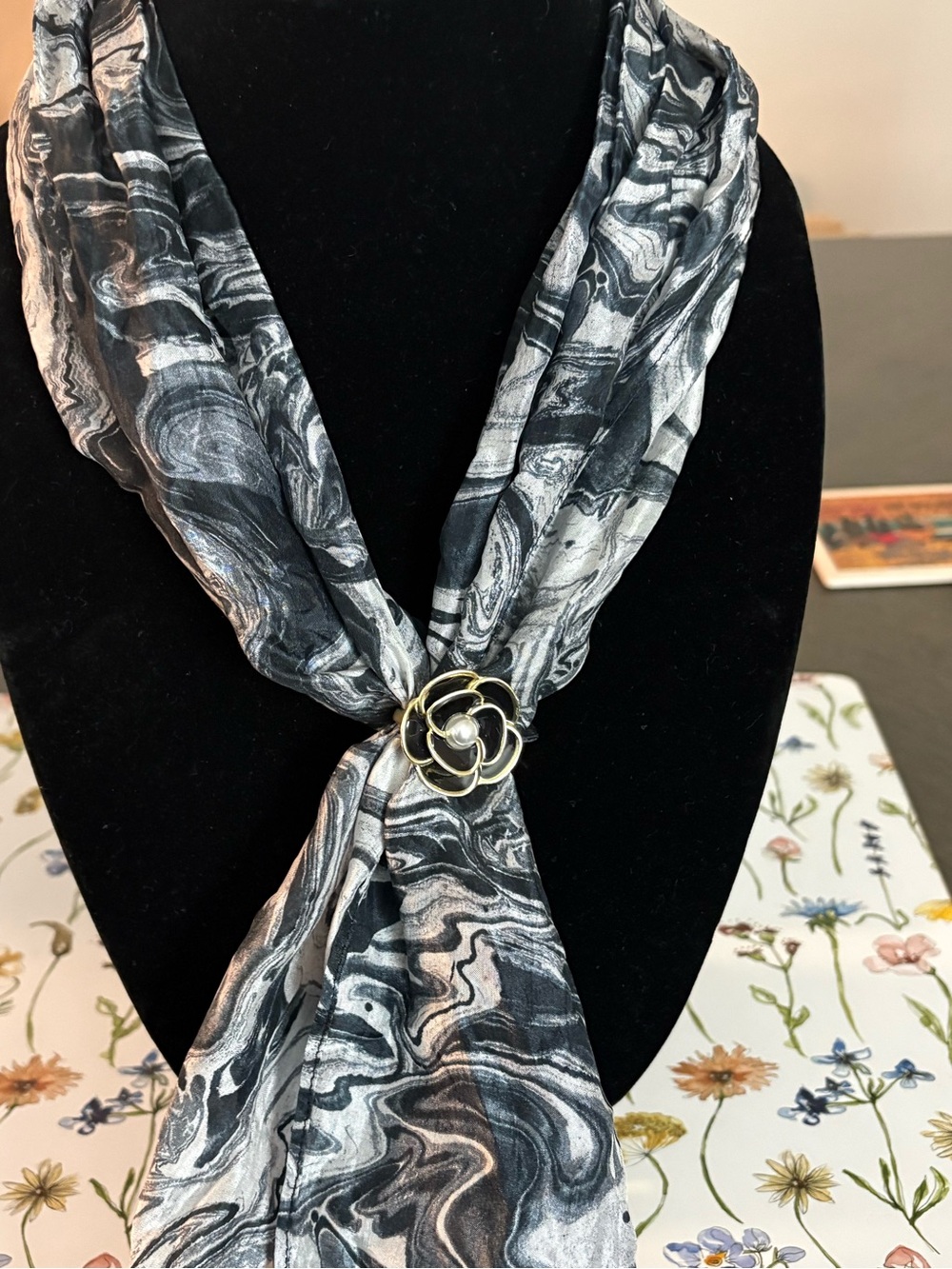 CHANEL Black Camellia & Black Heart Charms Set with Eillen Fisher Scarf.